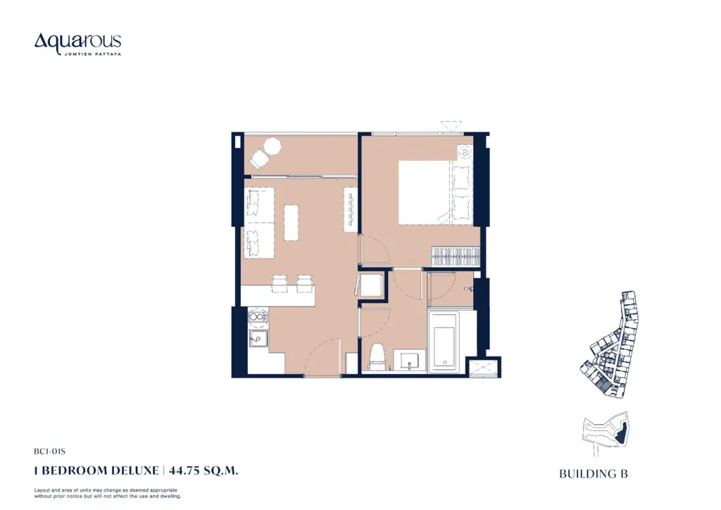 1 Bedroom Condo for Sale at Aquarous Jomtien Pattaya modern kitchen with marble countertop, glass cabinets, and washing machine