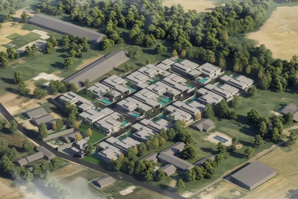 Zensiri Lakeside Pool Villas aerial CGI render showing full villa community layout with private pools surrounded by greenery in Pattaya