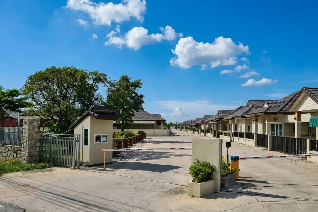 Victory Park gated entrance with a security booth and a long row of houses under a blue sky.