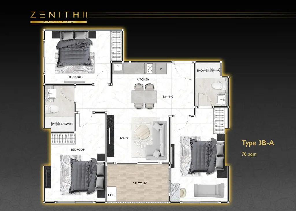 3 Bedroom Condo for Sale at Zenith 2 outdoor patio with seating overlooking a large swimming pool and buildings.