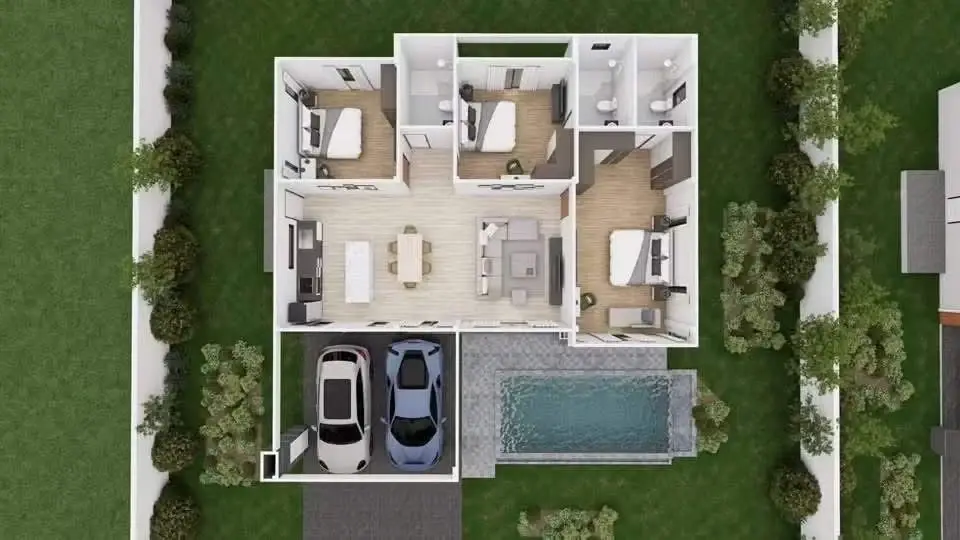 3 Bedroom House for Sale in Pattaya open-plan living room with wood flooring and pool view