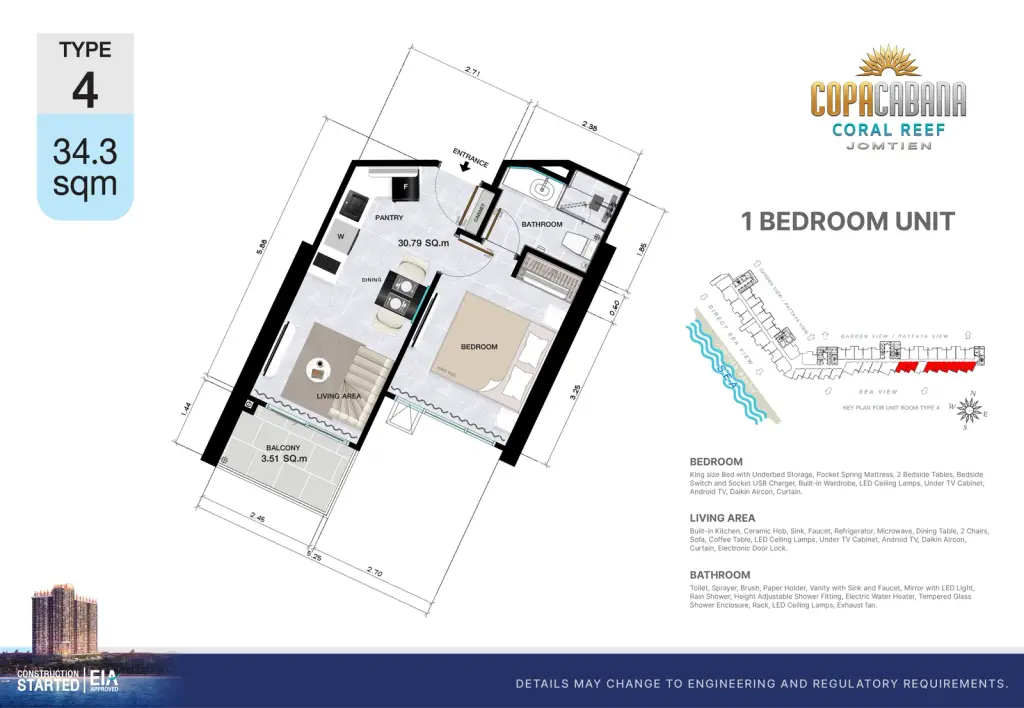 1 Bedroom Condo for Sale at Copacabana Coral Reef living room with crystal chandelier and dining area