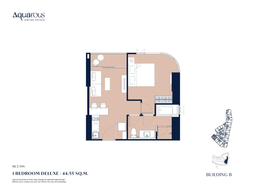 1 Bedroom Condo for Sale at Aquarous Jomtien Pattaya kitchen island with white countertop bar stools and wine glasses
