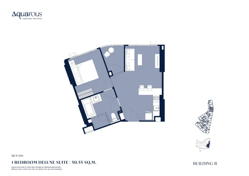 1 Bedroom Condo for Sale at Aquarous Jomtien Pattaya modern kitchen with marble countertop, glass cabinets, and washing machine