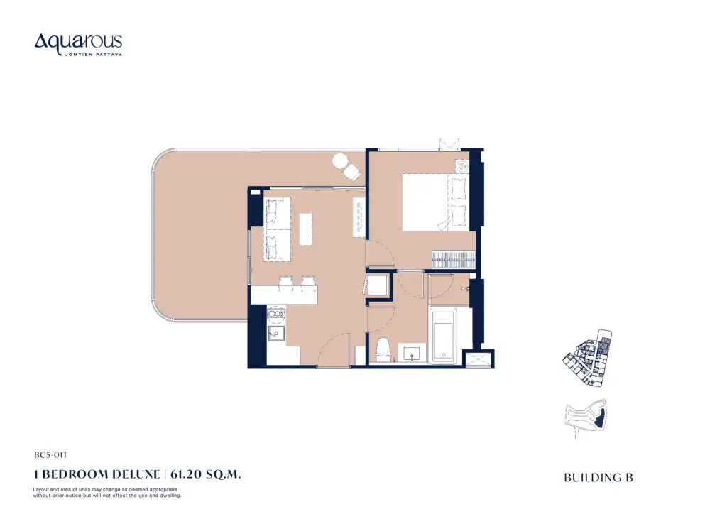1 Bedroom Condo for Sale at Aquarous Jomtien Pattaya open-plan living and dining area with marble kitchen island and bedroom view