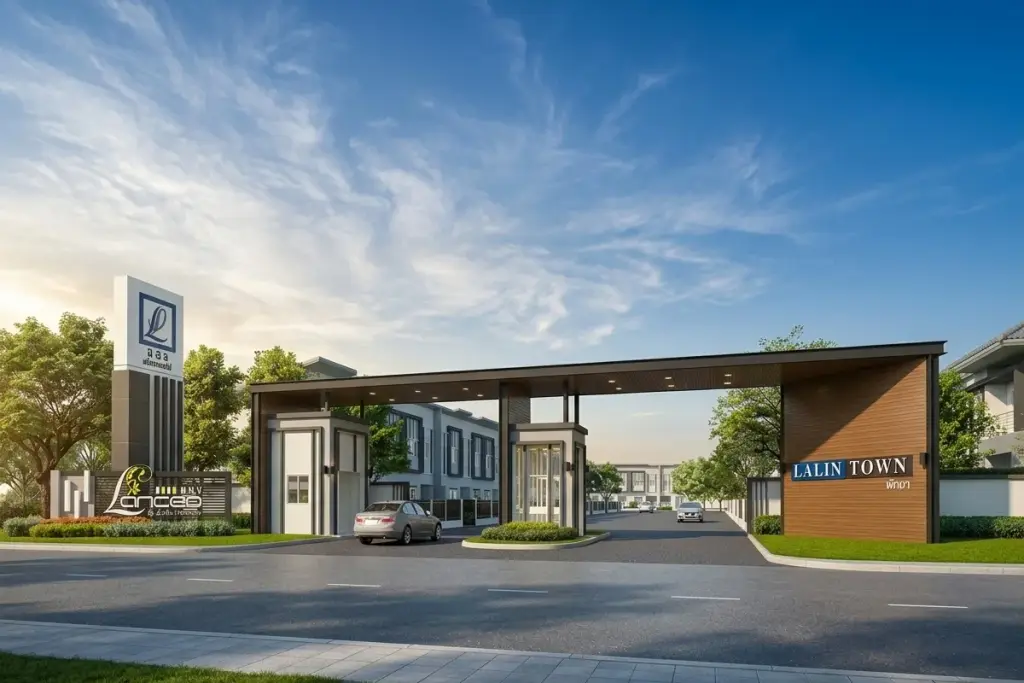 Lio Pattaya Klang modern entrance gate with security booth, a car, and residential townhouses in the background.