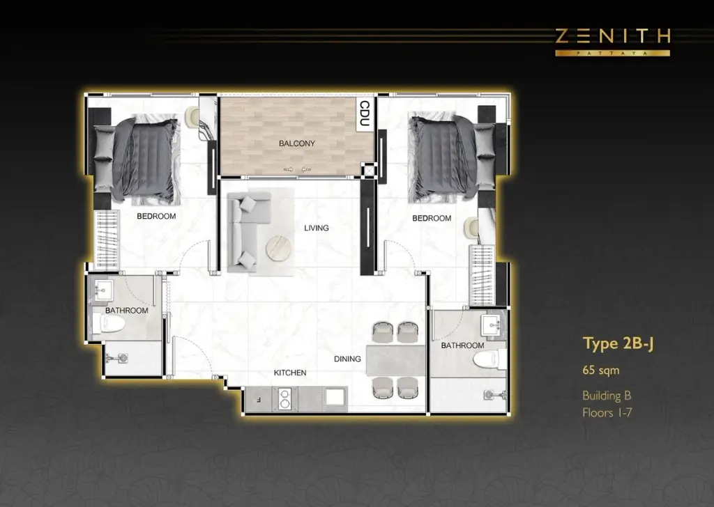 2 Bedroom Condo for Sale at Zenith Pattaya living room with cream sofa, mirrored wall, and glass balcony doors