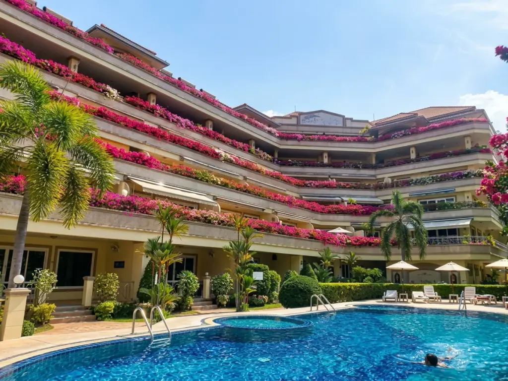 Nordic Park Hill condo building with cascading pink bougainvillea balconies and outdoor swimming pool