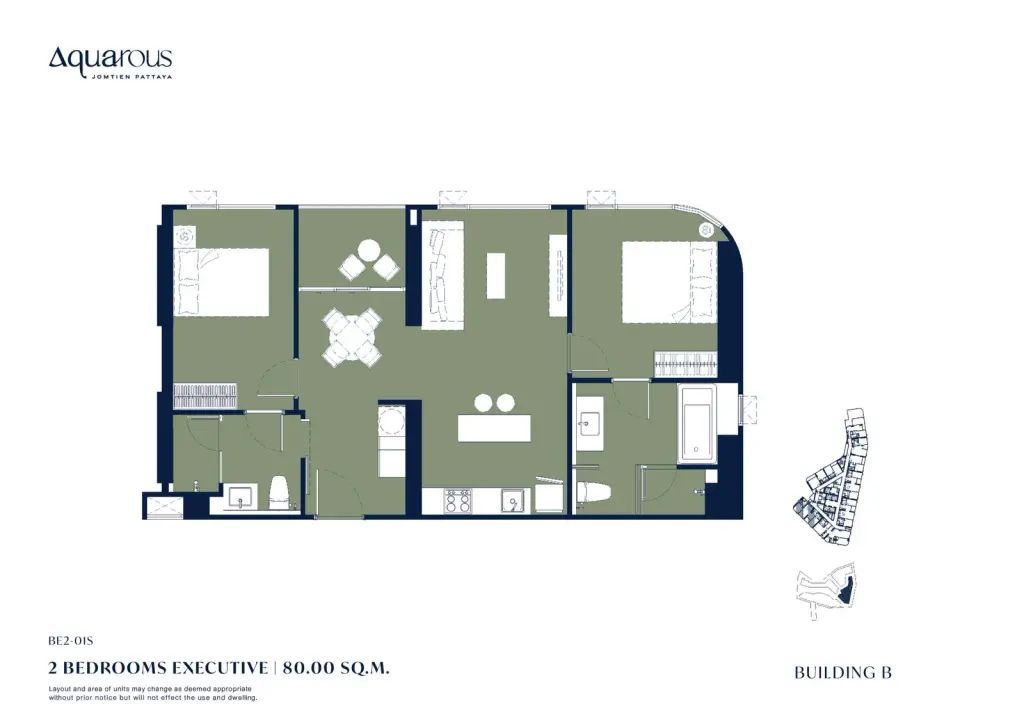 2 Bedroom Condo for Sale at Aquarous Jomtien Pattaya open-plan interior with curved wood divider, floor-to-ceiling curtains and wood flooring