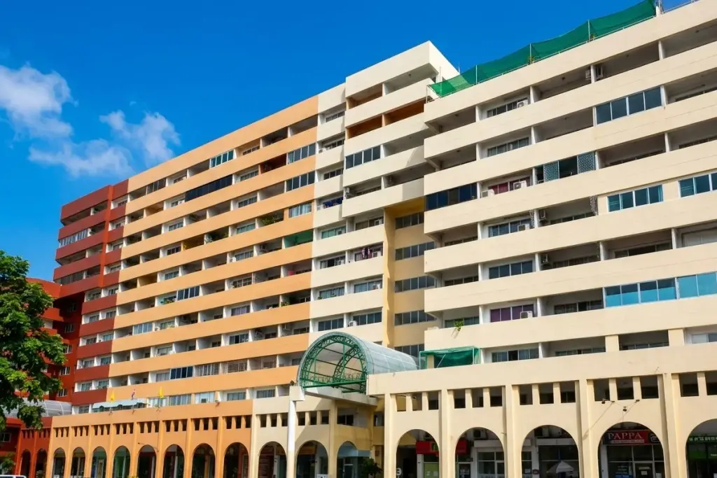 Keha Thepprasit multi-story condo building with cream, orange, and red sections, arched ground floor shops, and a green covered walkway.