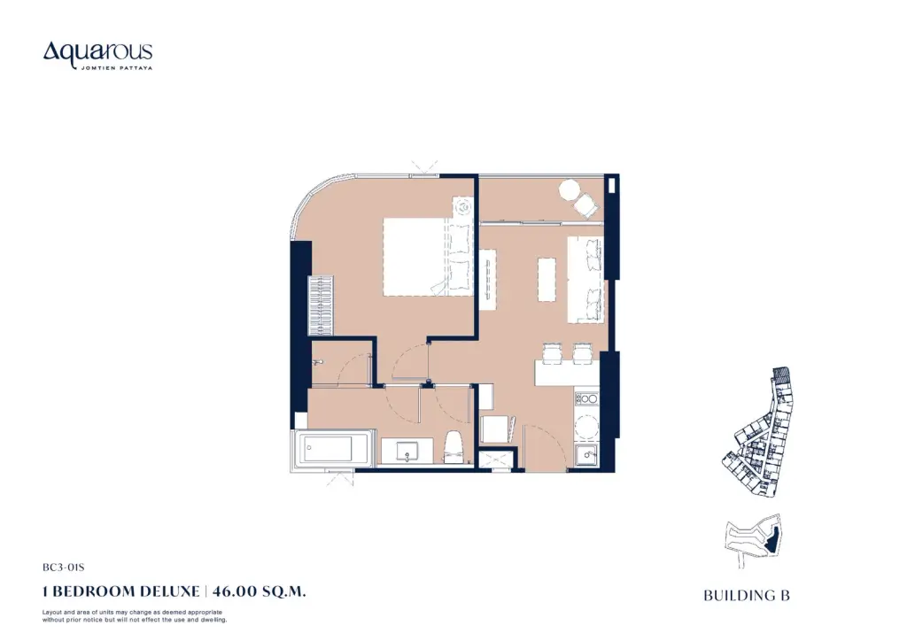 1 Bedroom Condo for Sale at Aquarous Jomtien Pattaya open-plan kitchen and living room with marble island and sofa