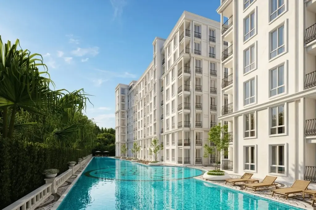 Harmonia City Garden long outdoor swimming pool with decorative paving, palm trees, and illuminated white condo buildings at dusk.