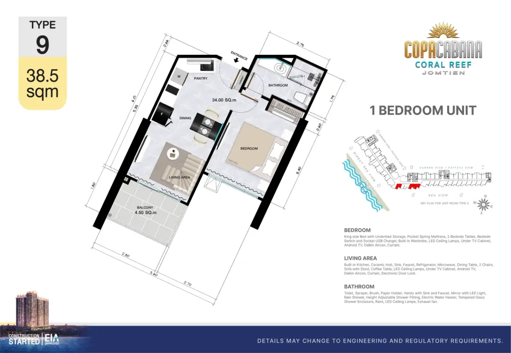 1 Bedroom Condo for Sale at Copacabana Coral Reef living room with beige sofa, zebra-print ottoman, and sheer curtains