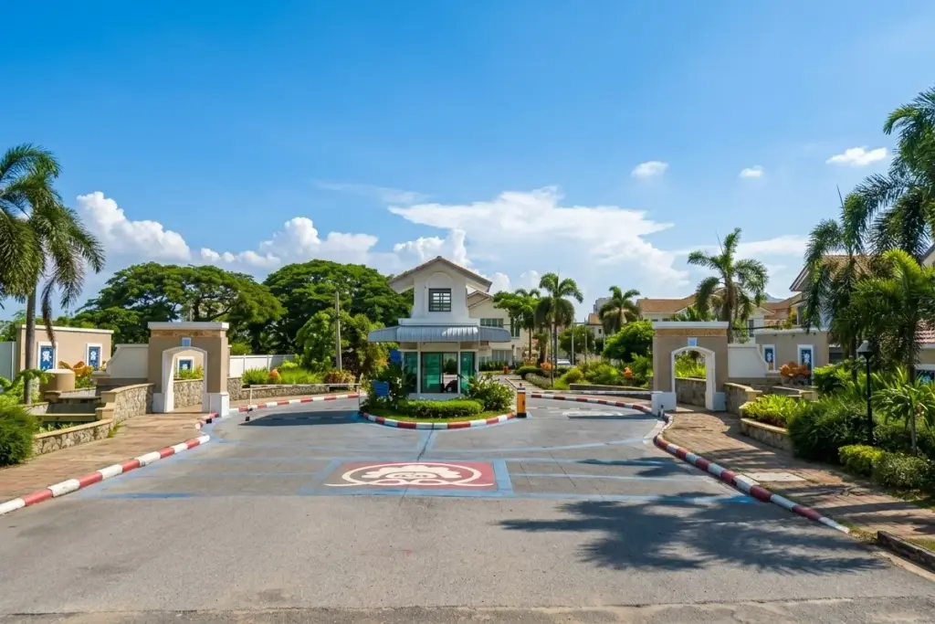 Baan Fah Rim Haad large swimming pool with poolside lounge chairs, palm trees, and a clubhouse building.