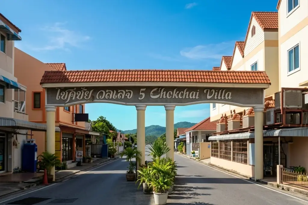 Chokchai Village 5 private swimming pool with blue tiles, adjacent outdoor kitchen/bar area, and sun loungers.