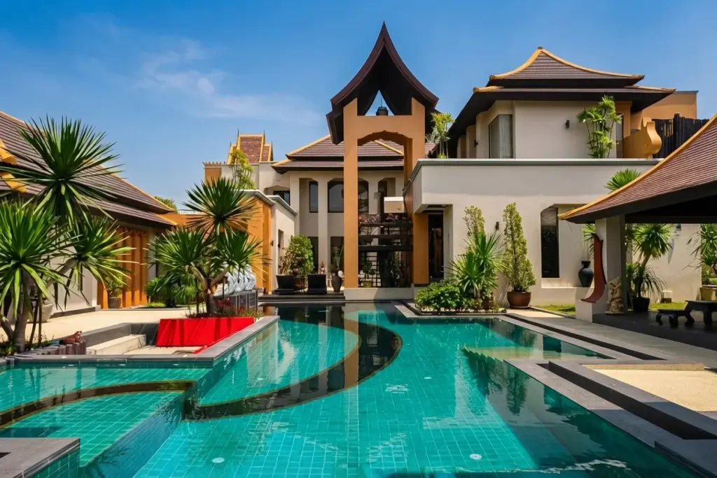 Phutara front exterior of a house with traditional Thai-style roof, wooden entrance gate, and garage door.