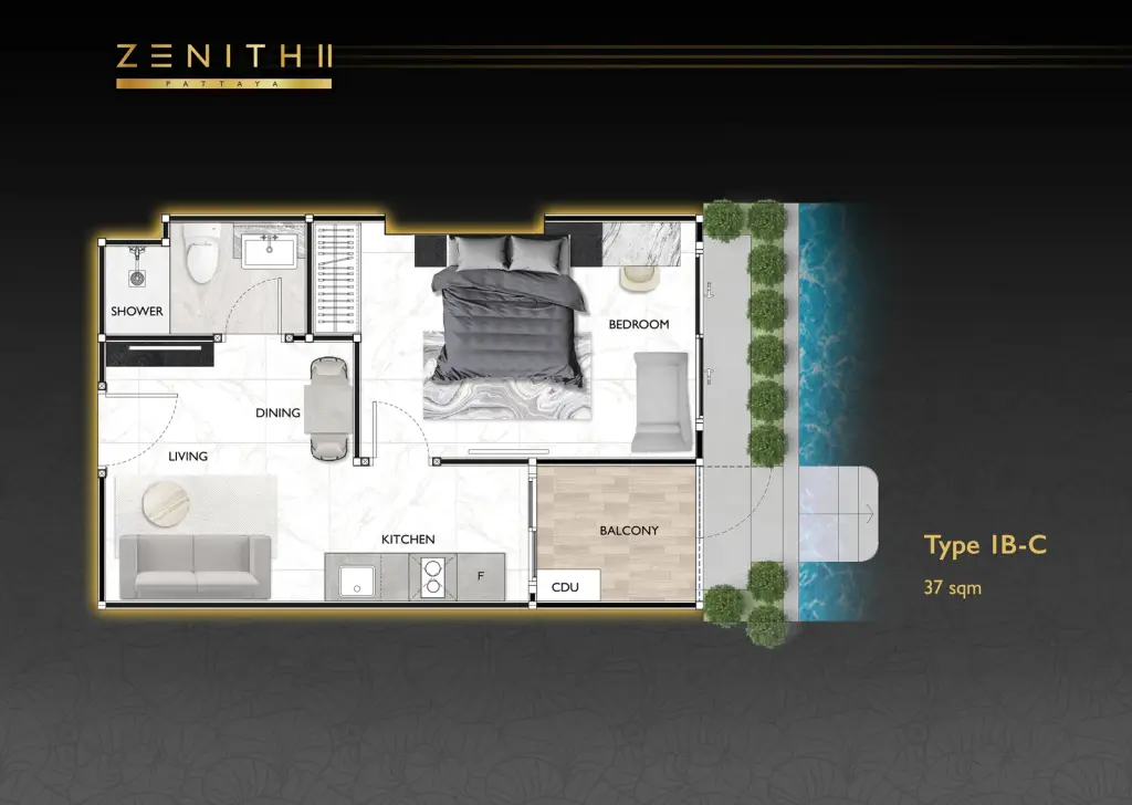 1 Bedroom Condo for Sale at Zenith 2 luxury bedroom with black marble feature wall and gold pendant lights