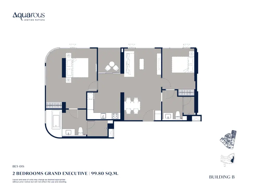 2 Bedroom Condo for Sale at Aquarous Jomtien Pattaya walk-in glass shower with marble tiled bathroom and vanity