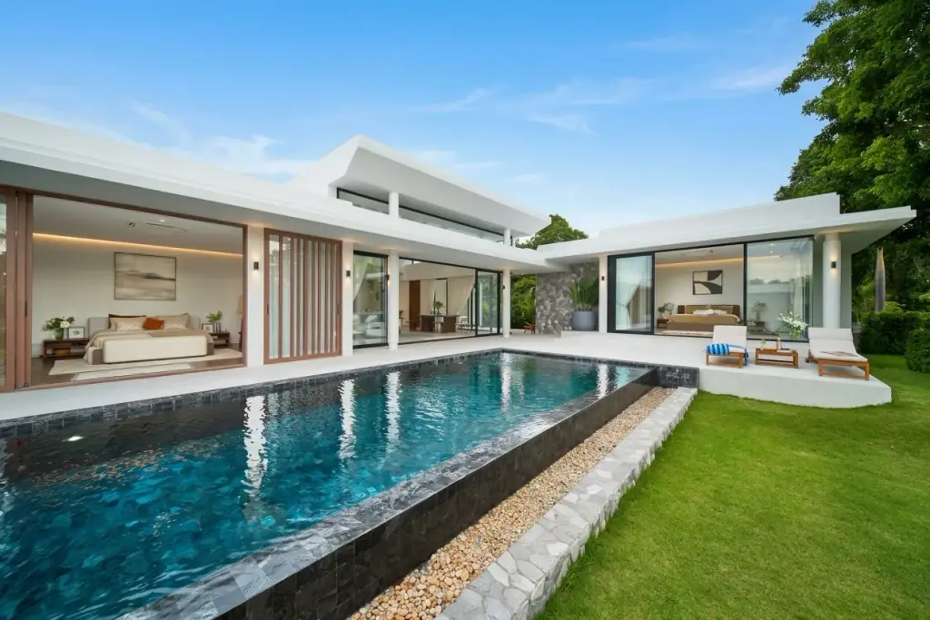 3 Bedroom House for Sale at Sunplay Bangsaray exterior view with private pool, bedrooms and lounge deck