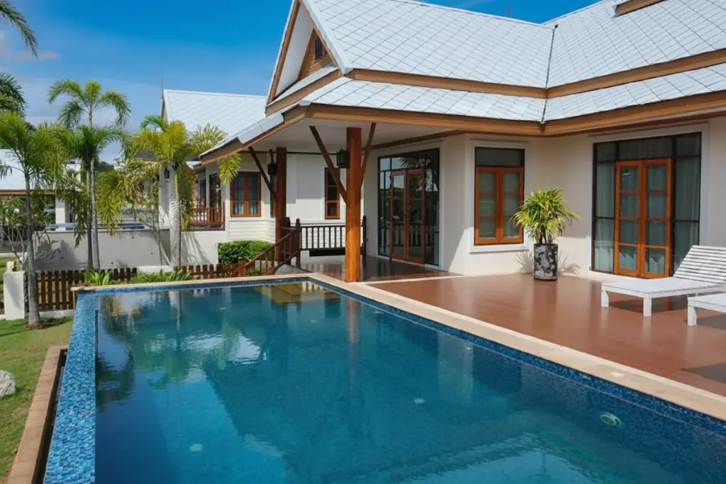 Amorn Village house exterior with a rectangular swimming pool, wooden deck, and white tiled roof under a blue sky.