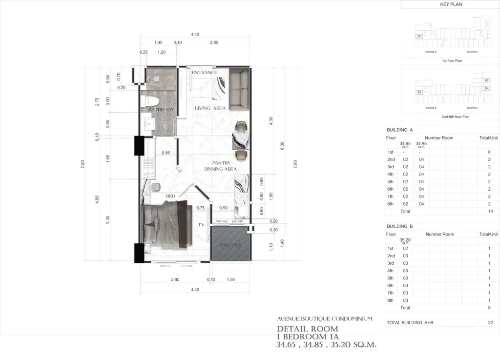 1 Bedroom Condo for Sale at Avenue Boutique Pattaya living room with sofa, TV and dining table