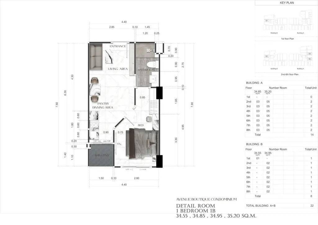 1 Bedroom Condo for Sale at Avenue Boutique Pattaya living room with gray sofa and marble dining table