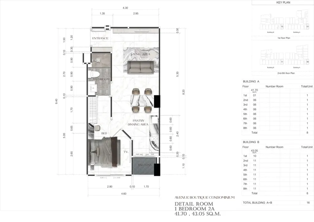 1 Bedroom Condo for Sale at Avenue Boutique Pattaya living area with sofa, dining table and marble TV wall