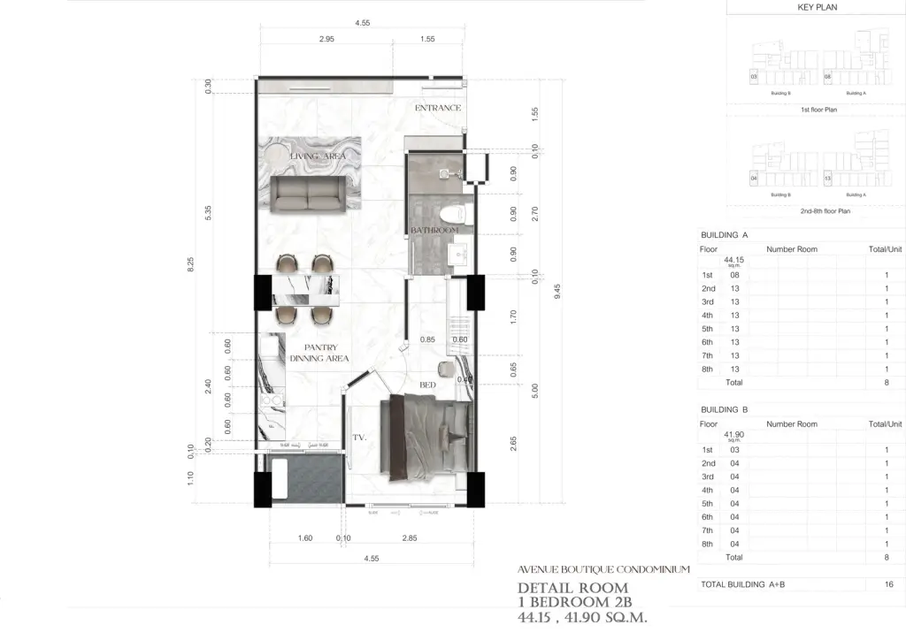 1 Bedroom Condo for Sale at Avenue Boutique Pattaya living room with sofa, TV and marble dining table