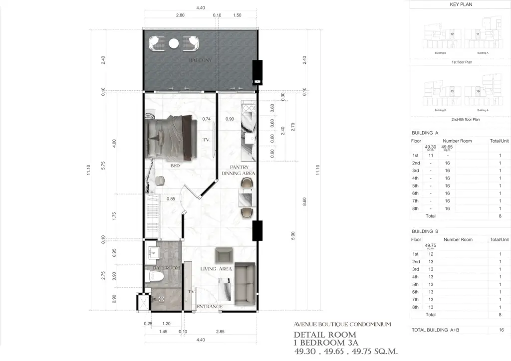 1 Bedroom Condo for Sale at Avenue Boutique Pattaya living room with sofa, dining table and marble TV wall