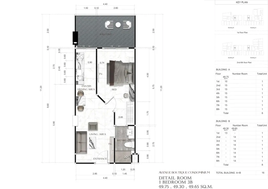 1 Bedroom Condo for Sale at Avenue Boutique Pattaya living room with sofa, TV and marble dining table