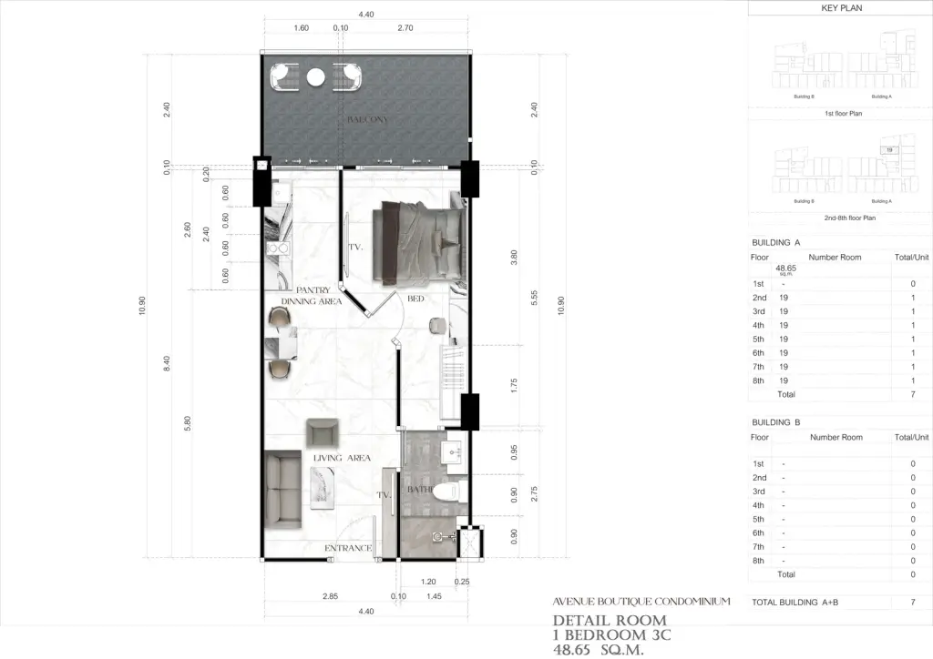 1 Bedroom Condo for Sale at Avenue Boutique Pattaya living room with sofa, TV and dining table