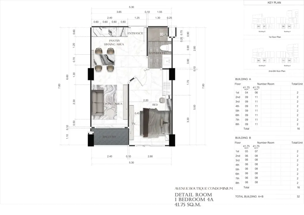 1 Bedroom Condo for Sale at Avenue Boutique Pattaya living room with sofa, TV and marble dining table