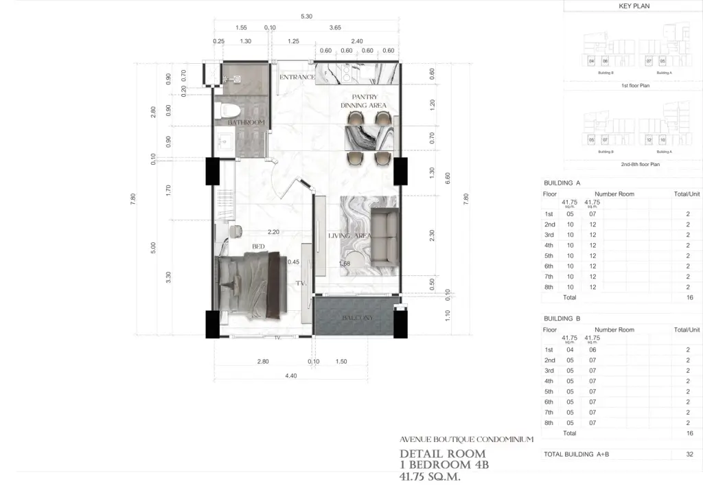 1 Bedroom Condo for Sale at Avenue Boutique Pattaya living room with sofa, dining table and balcony view