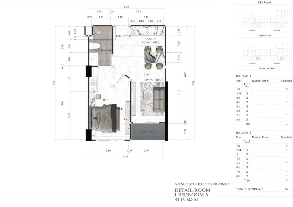 1 Bedroom Condo for Sale at Avenue Boutique Pattaya living room with sofa, TV and dining table