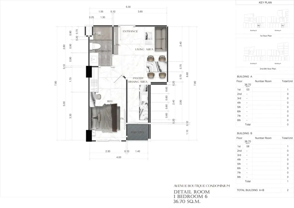 1 Bedroom Condo for Sale at Avenue Boutique Pattaya living area with sofa, marble wall and dining table