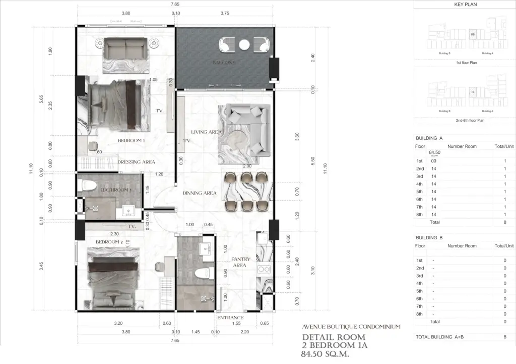 2 Bedroom Condo for Sale at Avenue Boutique Pattaya open-plan living room with marble accent wall and dining area