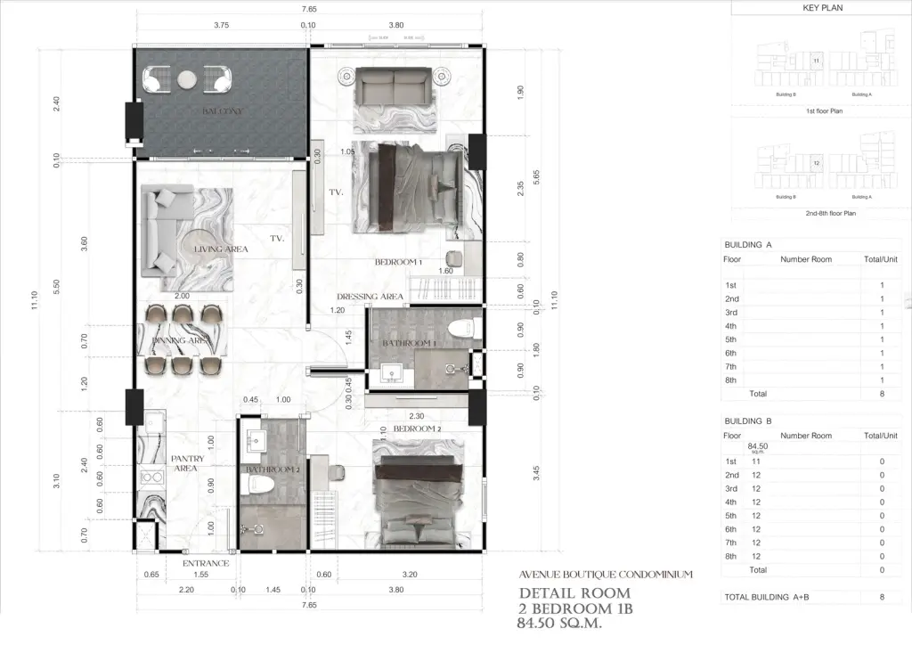2 Bedroom Condo for Sale at Avenue Boutique Pattaya living room with marble wall and dining area