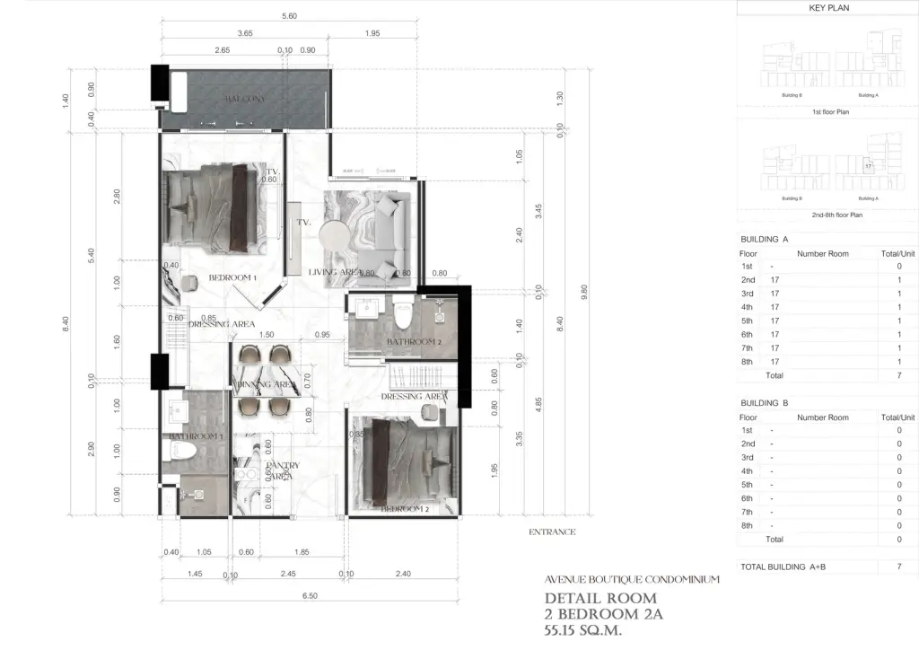 2 Bedroom Condo for Sale at Avenue Boutique Pattaya open-plan living room with marble accent wall and dining area