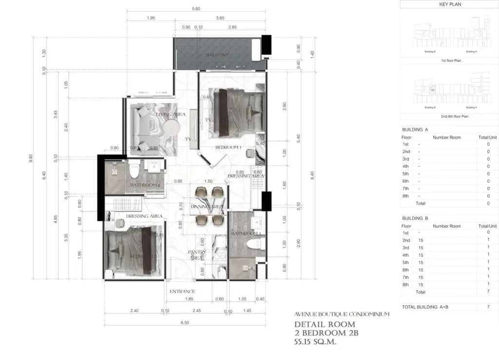 2 Bedroom Condo for Sale at Avenue Boutique Pattaya open-plan living room with marble accent wall and dining area
