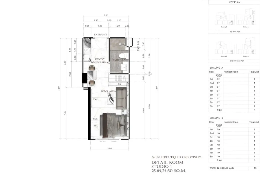 Studio Condo for Sale at Avenue Boutique Pattaya bedroom with marble accent wall and gray sofa
