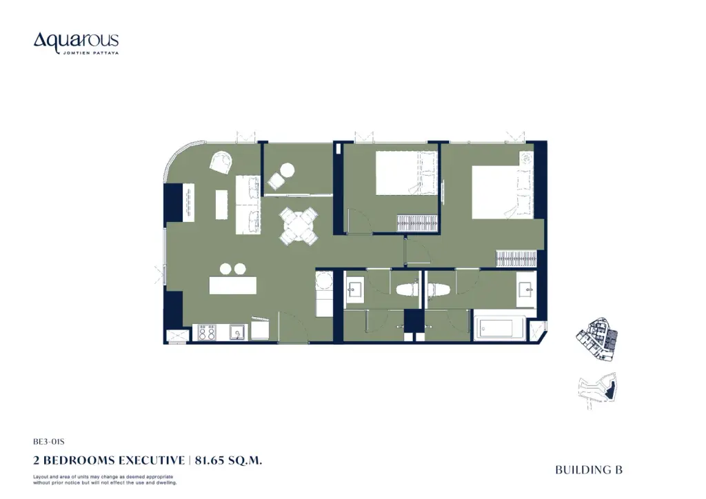 2 Bedroom Condo for Sale at Aquarous Jomtien Pattaya modern living room with sofa TV wall panel and floor-to-ceiling curtains
