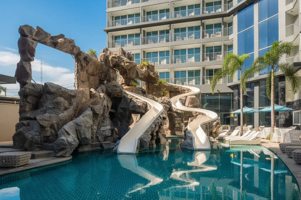 Centara Avenue Residence and Suites outdoor swimming pool with water slides and rock features at night, illuminated with colorful lights.