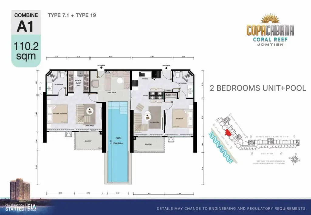 2 Bedroom Condo for Sale at Copacabana Coral Reef living room with sheer curtains and bedroom view