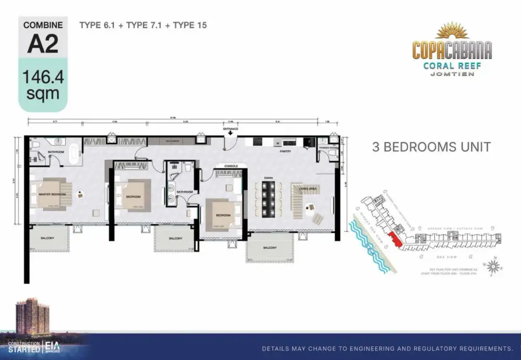 3 Bedroom Condo for Sale at Copacabana Coral Reef open-plan living room with beige sectional sofa and dining area