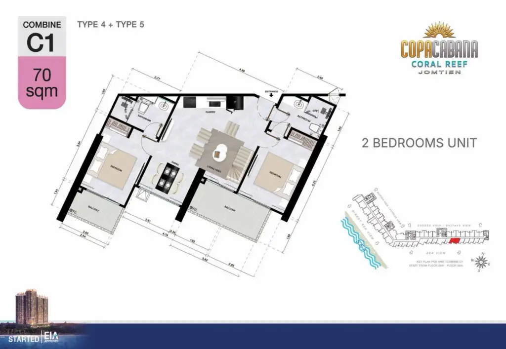 2 Bedroom Condo for Sale at Copacabana Coral Reef living room with crystal chandelier and dining table