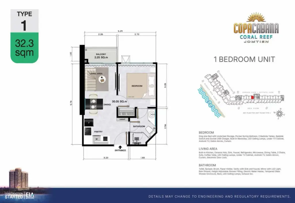 1 Bedroom Condo for Sale at Copacabana Coral Reef open-plan living area with beige sofa and bedroom view through mirrored doorway