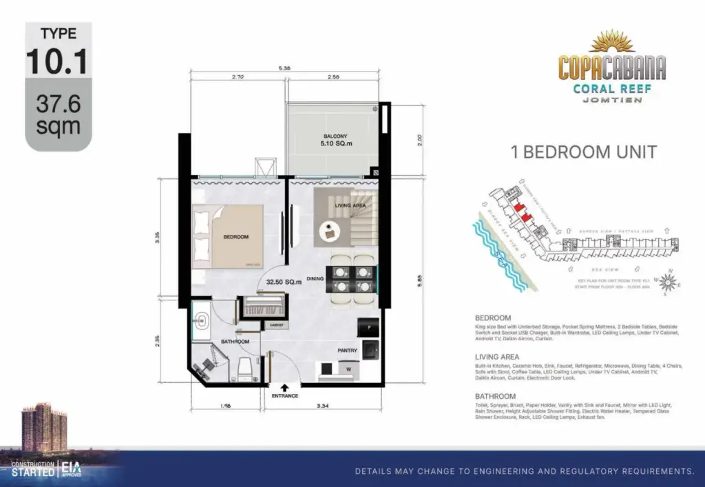 1 Bedroom Condo for Sale at Copacabana Coral Reef living room with beige sofa, crystal chandelier and dining area