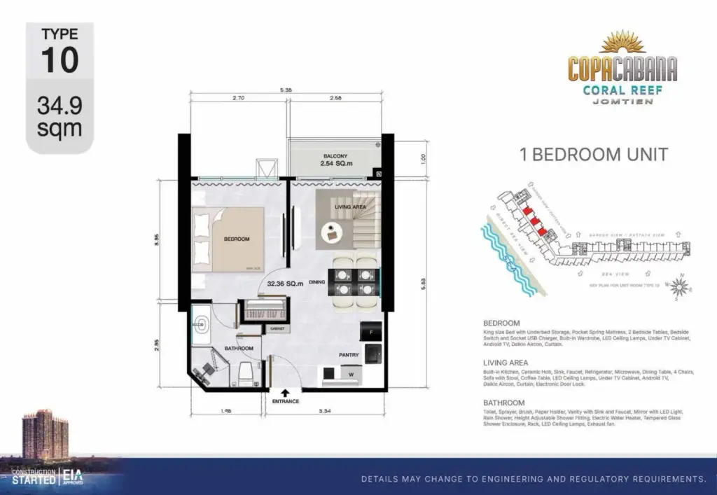 1 Bedroom Condo for Sale at Copacabana Coral Reef living room with crystal chandelier, beige sofa and dining area