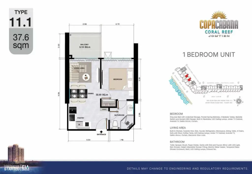 1 Bedroom Condo for Sale at Copacabana Coral Reef living room with beige sofa, zebra-print ottoman and sheer curtains