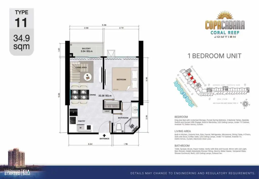 1 Bedroom Condo for Sale at Copacabana Coral Reef beige living room with tufted sofa and wall-mounted TV